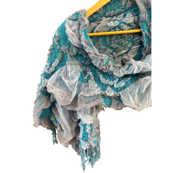 Handmade Suantraí Of Ireland Blue 3D Textured Floral Fringe Scarf 13" x 80" - Picture 2 of 5